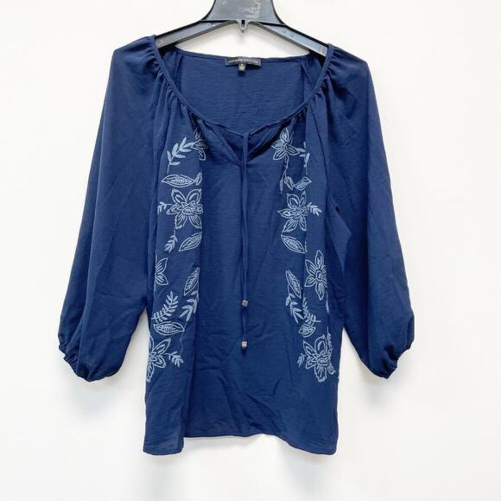 Adrienne Vittadini‎ Womens Navy Floral Embroidered Tie Neck Blouse Top Size XL